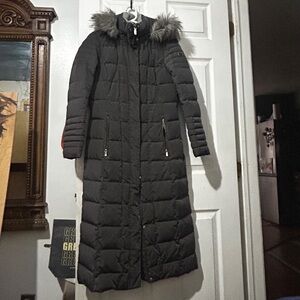 Calvin Klein Long Black Puffer Coat with Fur Hood